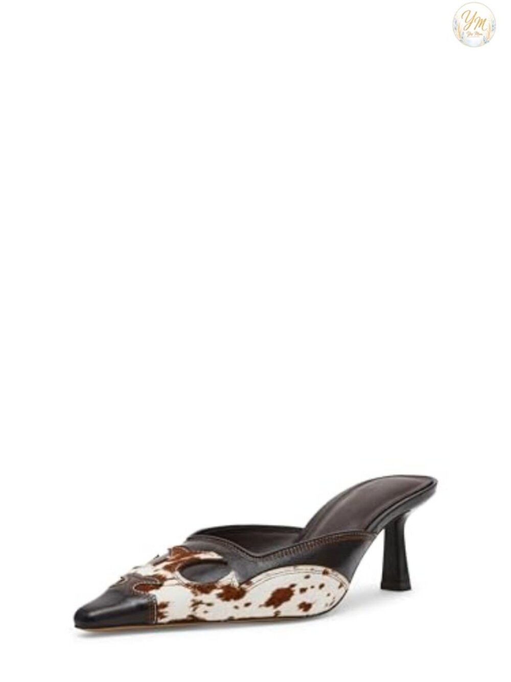 Faux Leather Kitten Heel Mules Pointed Toe Cow Print Western Heels